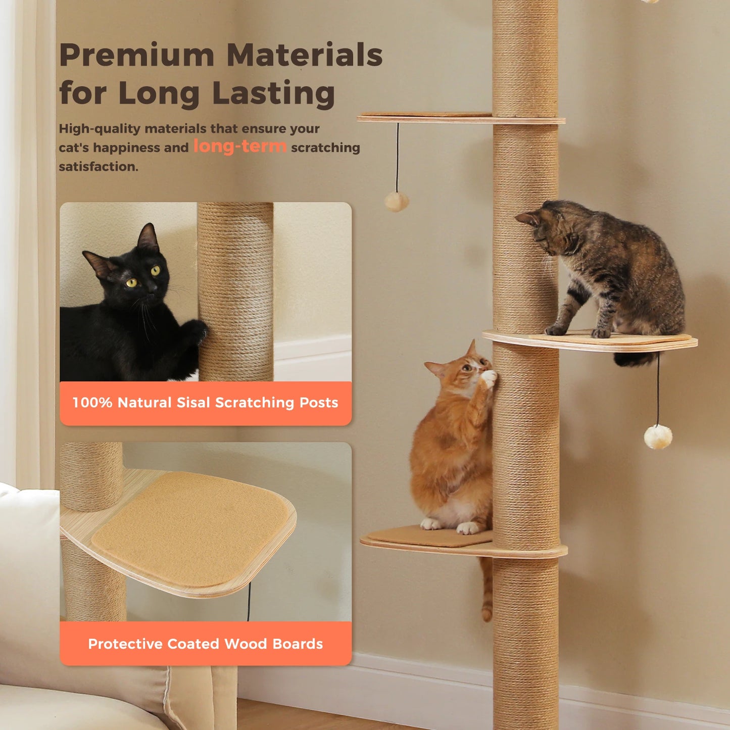 PAWZ Road Floor to Ceiling Adjustable Wooden Cat Tree with Acrylic Cave and Thick Scratching Posts