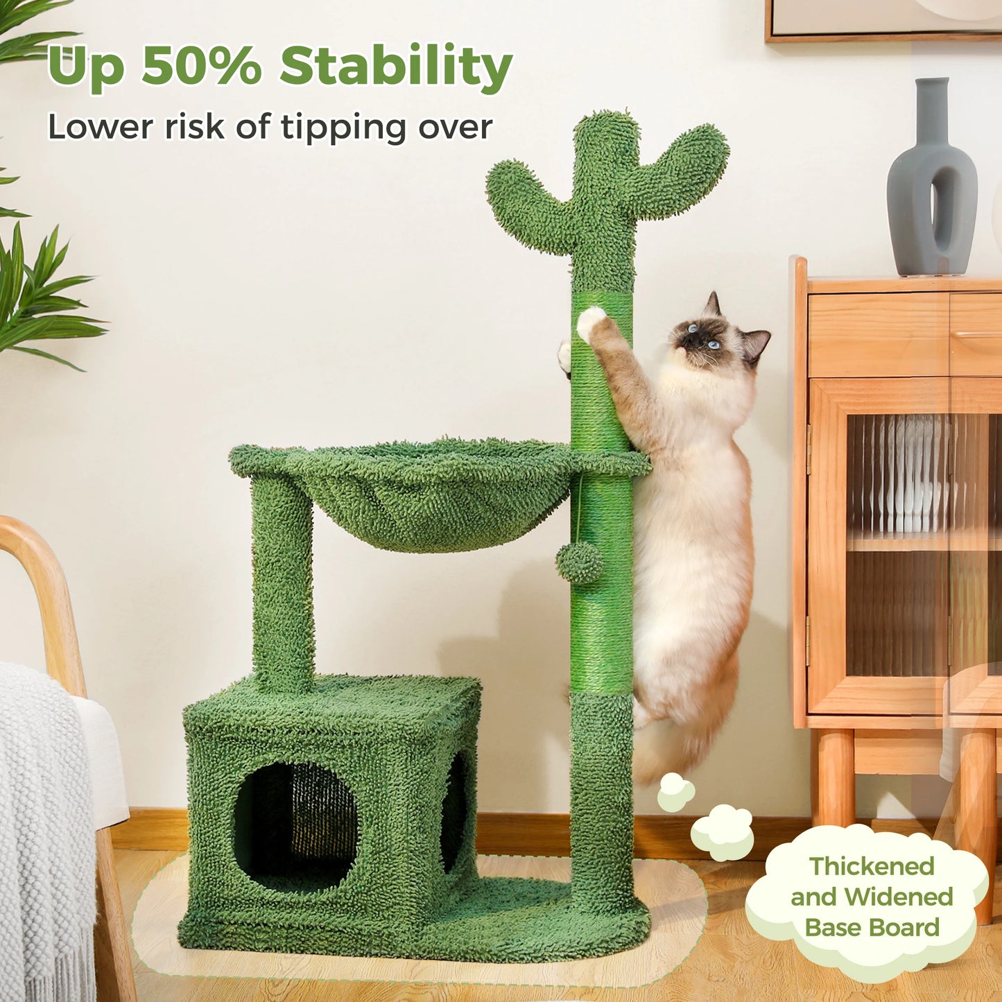 Cactus Cat Tree Tower with Large Condo Hammock and Dangling Ball for Indoor Cats