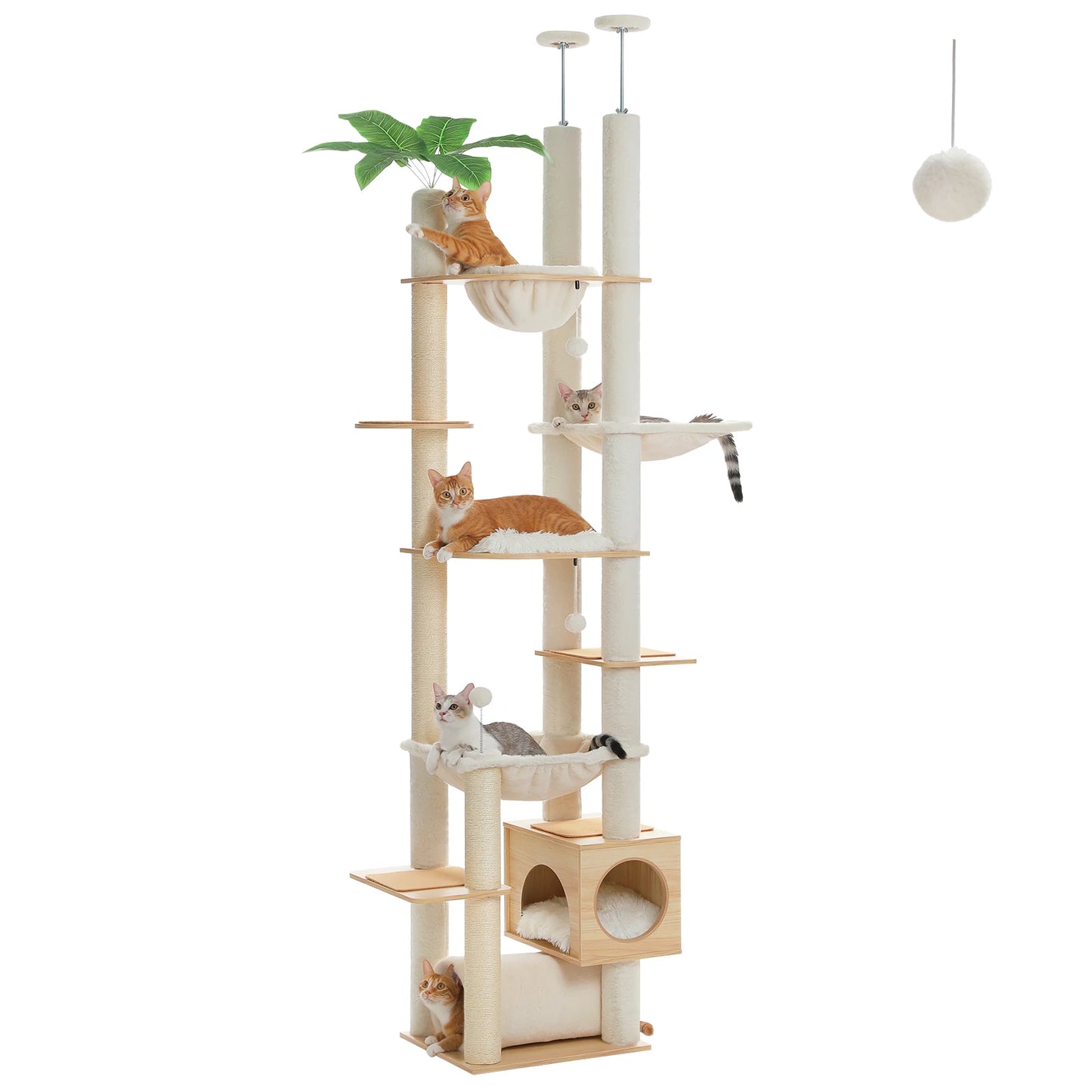 PAWZ Road Floor to Ceiling Adjustable Wooden Cat Tree with Large Hammock and Cozy Condo