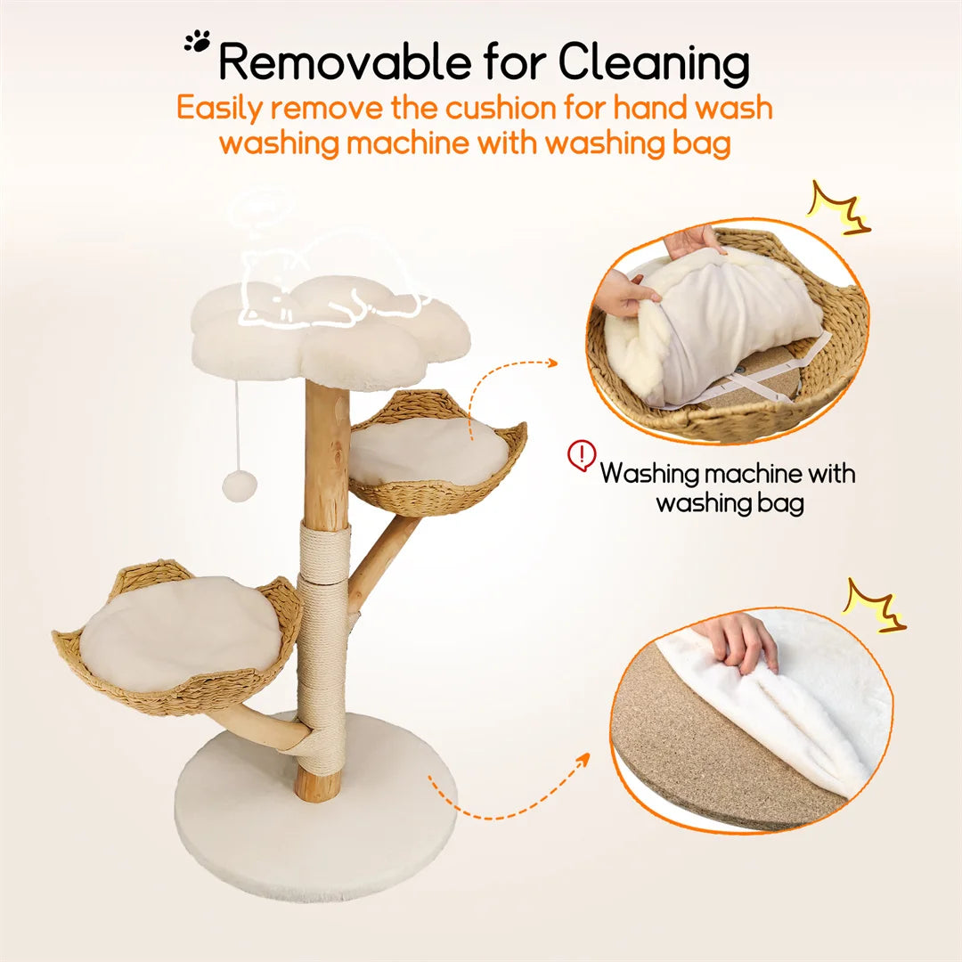 BINGOPAW 111cm Modern Solid Wood Cat Furniture Activity Center with Sisal Scratching Post