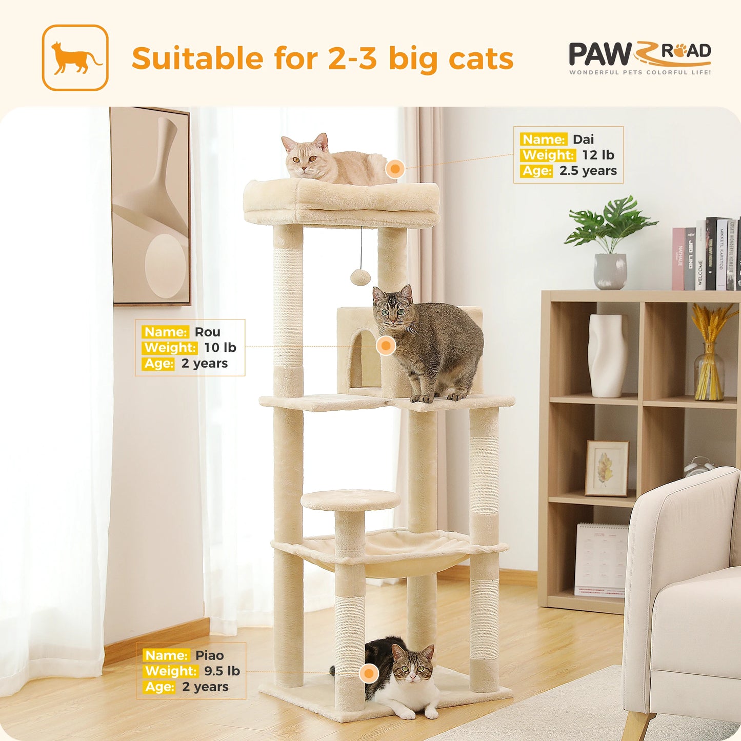 PAWZ Road 143CM 5-Tier Cat Tower for Large Cats with Large Hammock and Cozy Condo