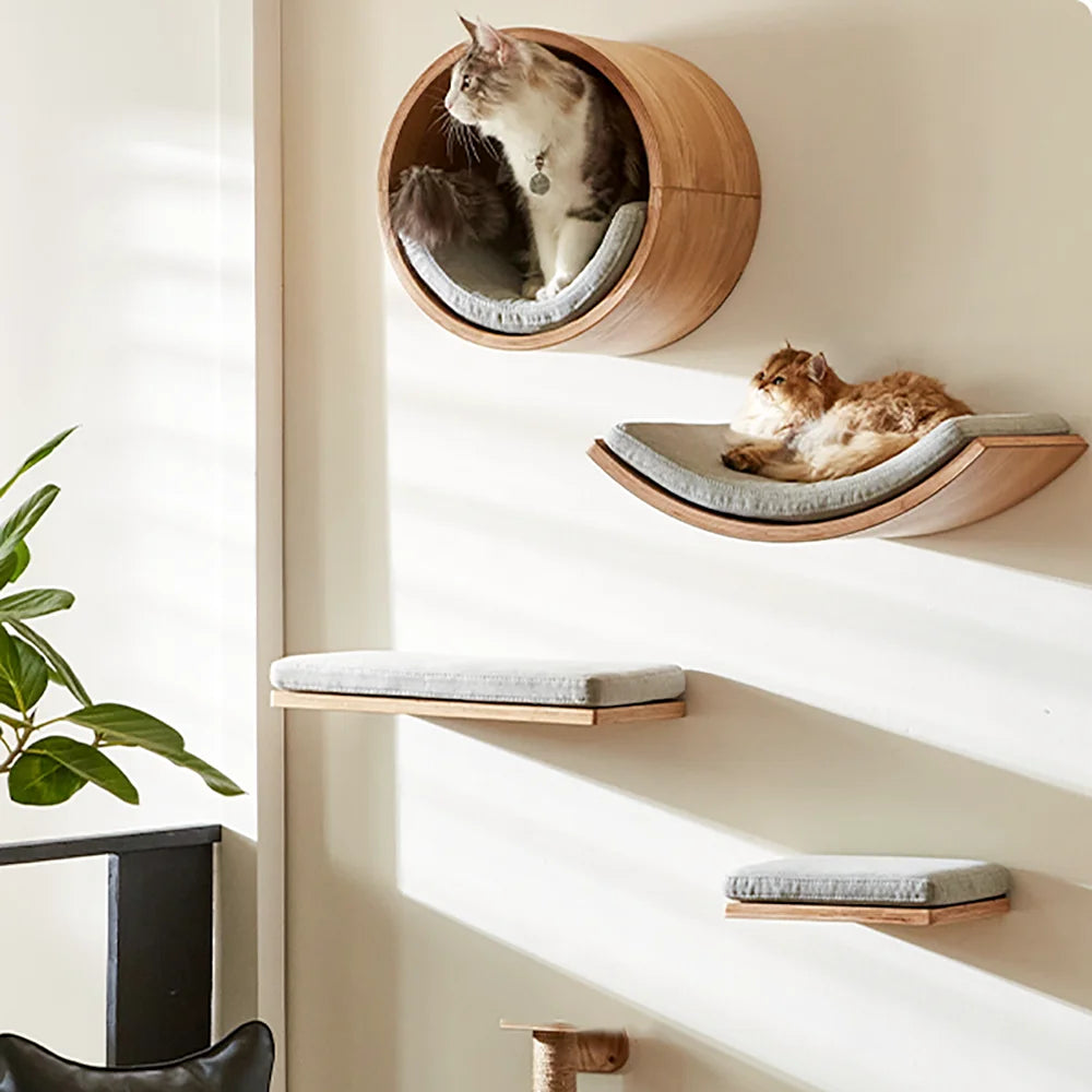 Wall Mounted Wooden Cat Tree Shelves with Scratching Posts Hammock and Floating Climbing Perches