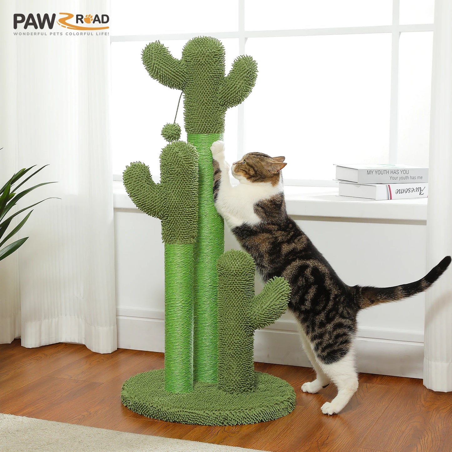 Cactus Cat Tree Tower with Large Condo Hammock and Dangling Ball for Indoor Cats