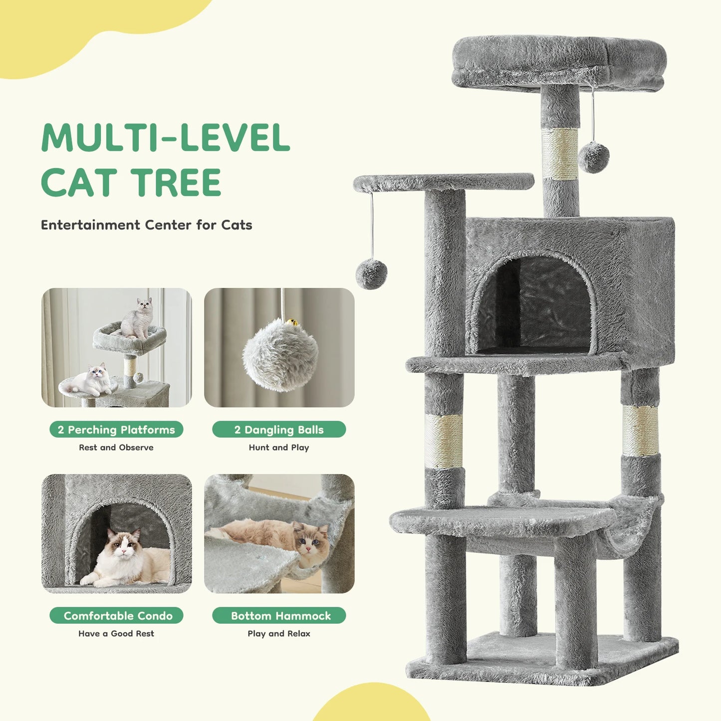 JHK 44 Inch Tall Multi-Cat Climbing Tower with Natural Sisal Scratching Posts and Stable Pet House