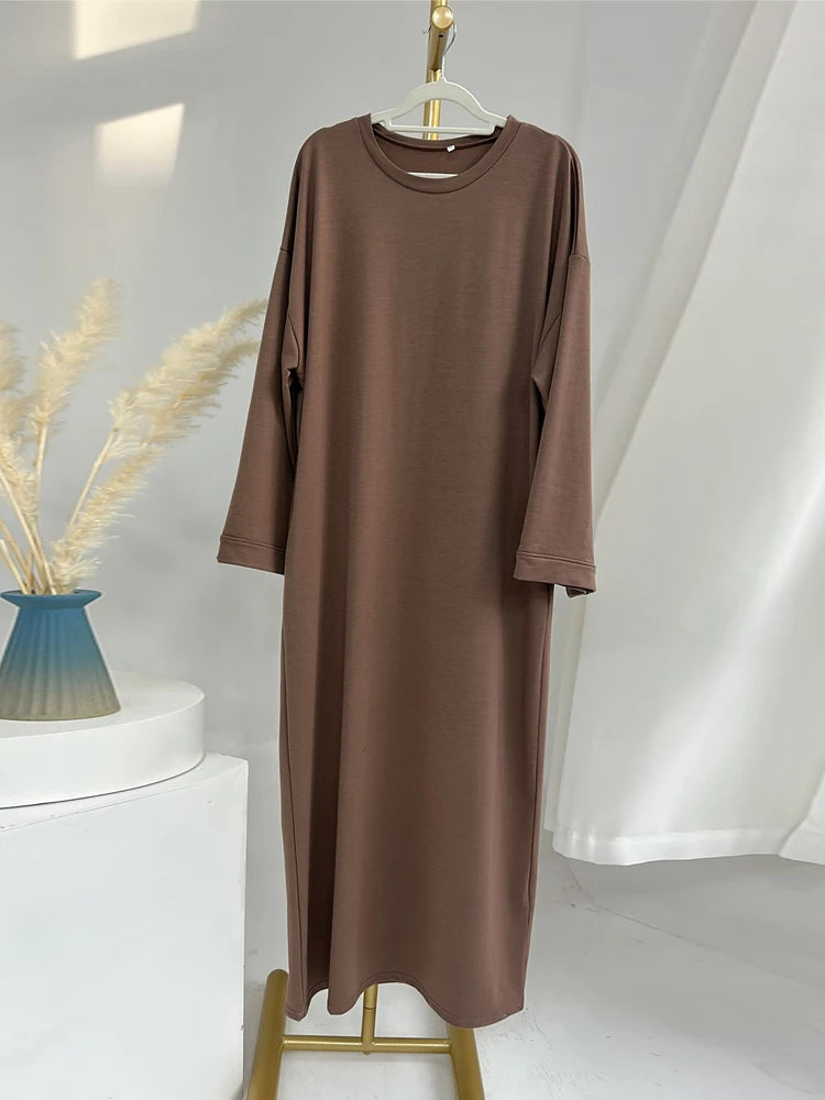 Casual Loose-Fit Muslim Sporty Abaya Women Long Sweatshirt Dress-Drop Shoulders, Side Pockets. Ramadan Modest Islamic Clothing