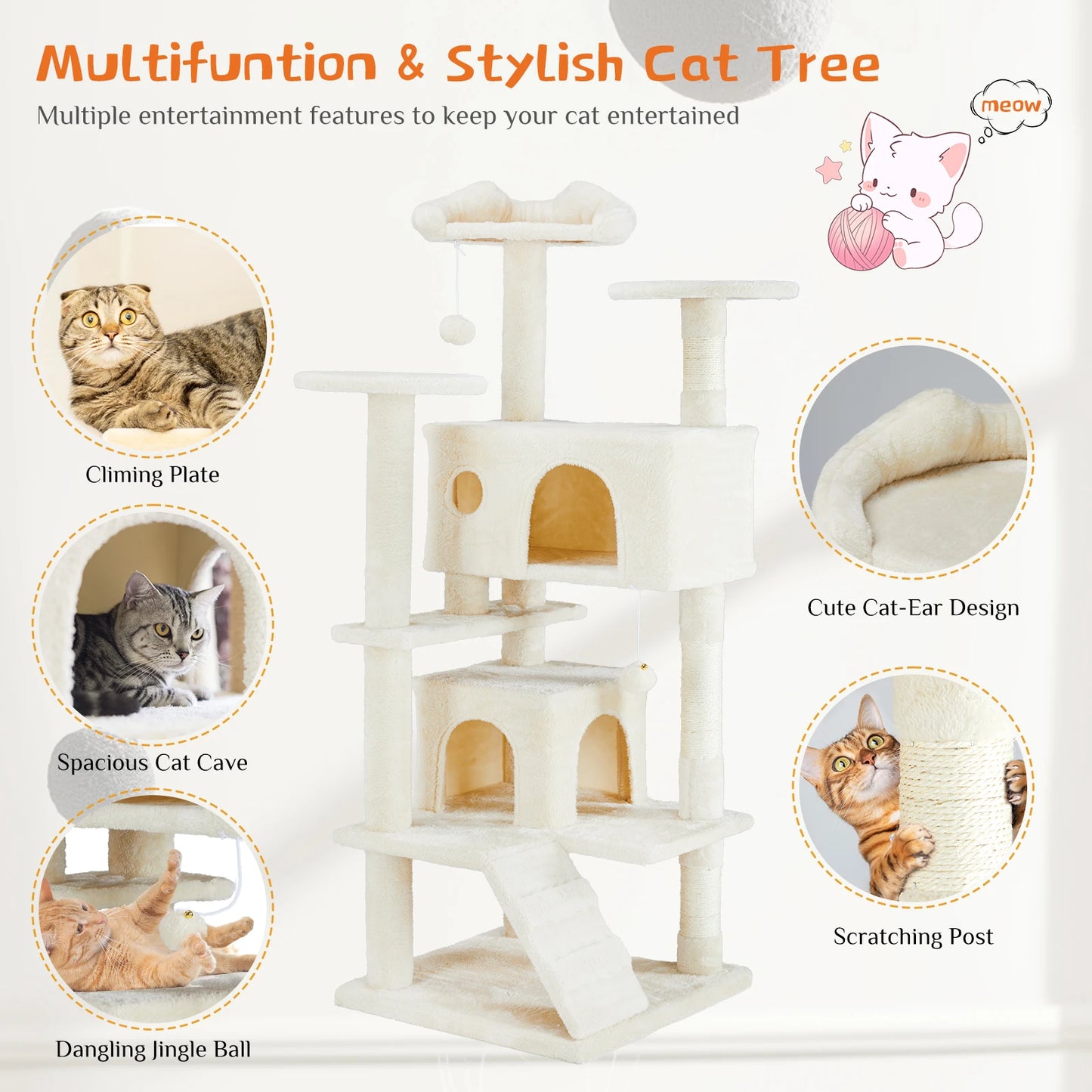 JHK 54 Inch Tall Multi Level Cat Tree Tower and Stable Kitty Play House with Sisal
