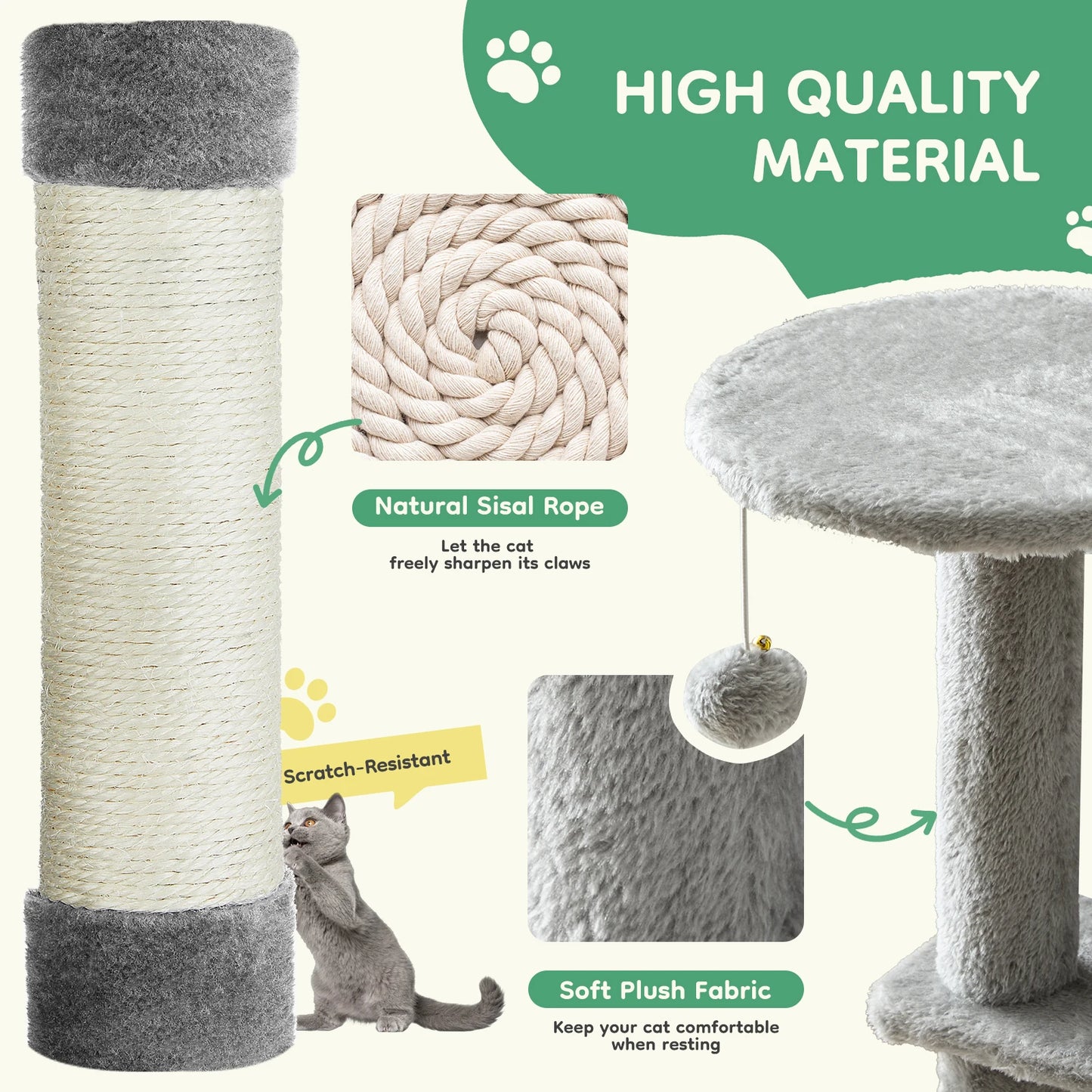 JHK 44 Inch Tall Multi-Cat Climbing Tower with Natural Sisal Scratching Posts and Stable Pet House