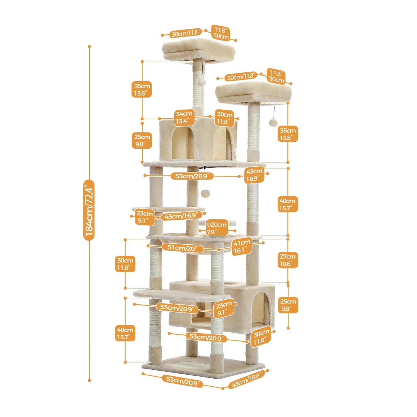 PEQULTI 184CM Multi Level Cat Tree Tower with Scratching Board Condo and Spacious Top Perch