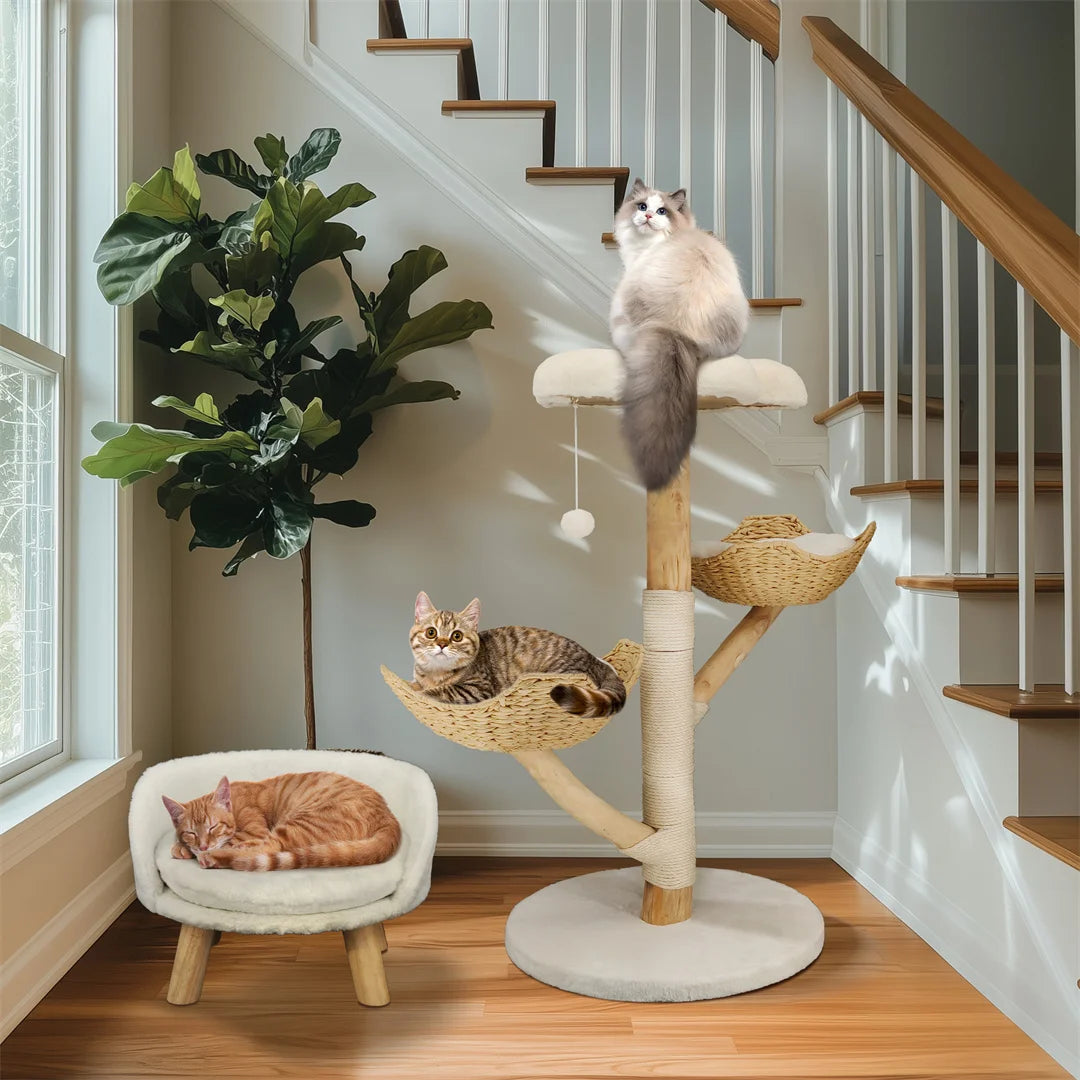 BINGOPAW 111cm Modern Solid Wood Cat Furniture Activity Center with Sisal Scratching Post