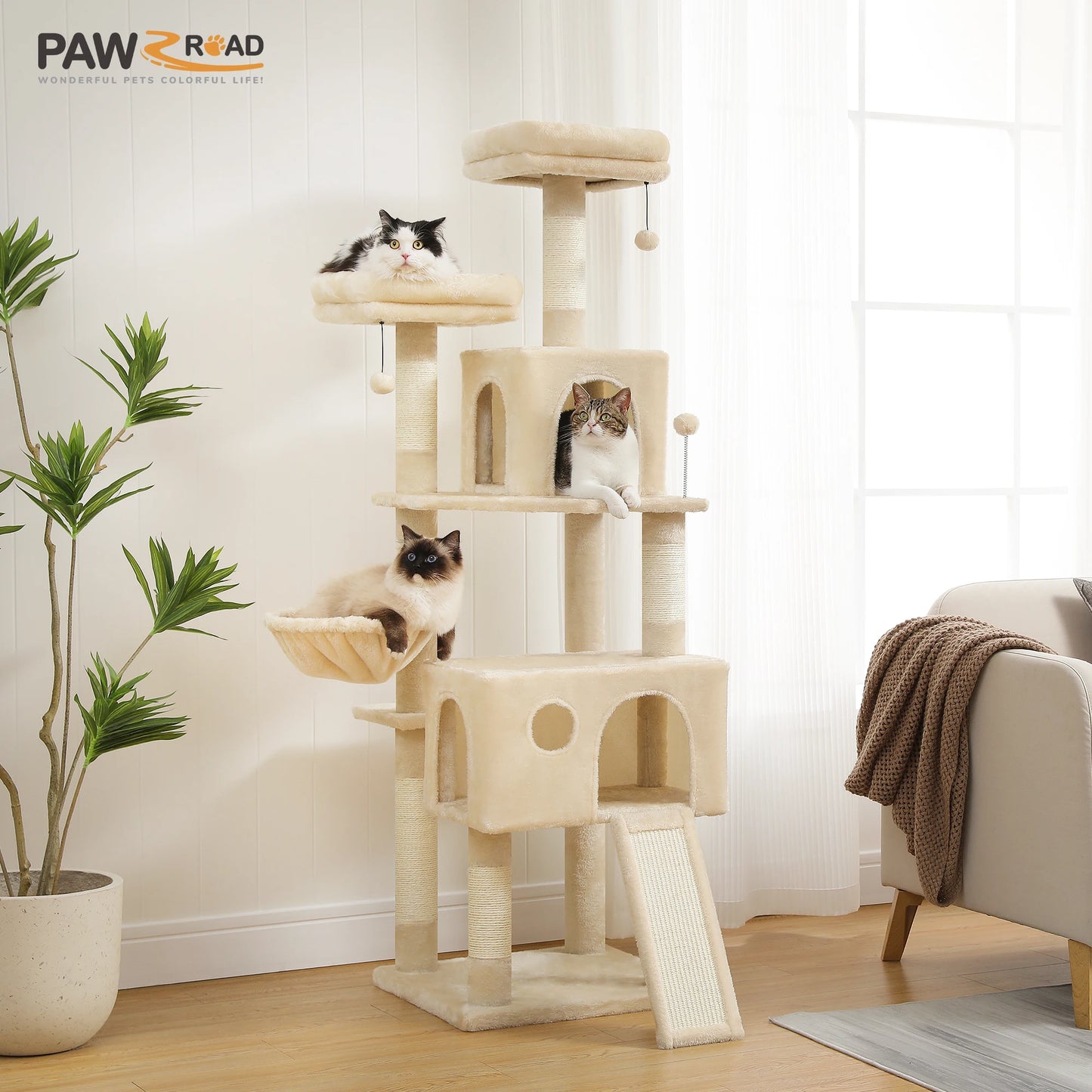 PEQULTI 162CM Multi Level Cat Tree Tower with Padded Perches and Plush Condo