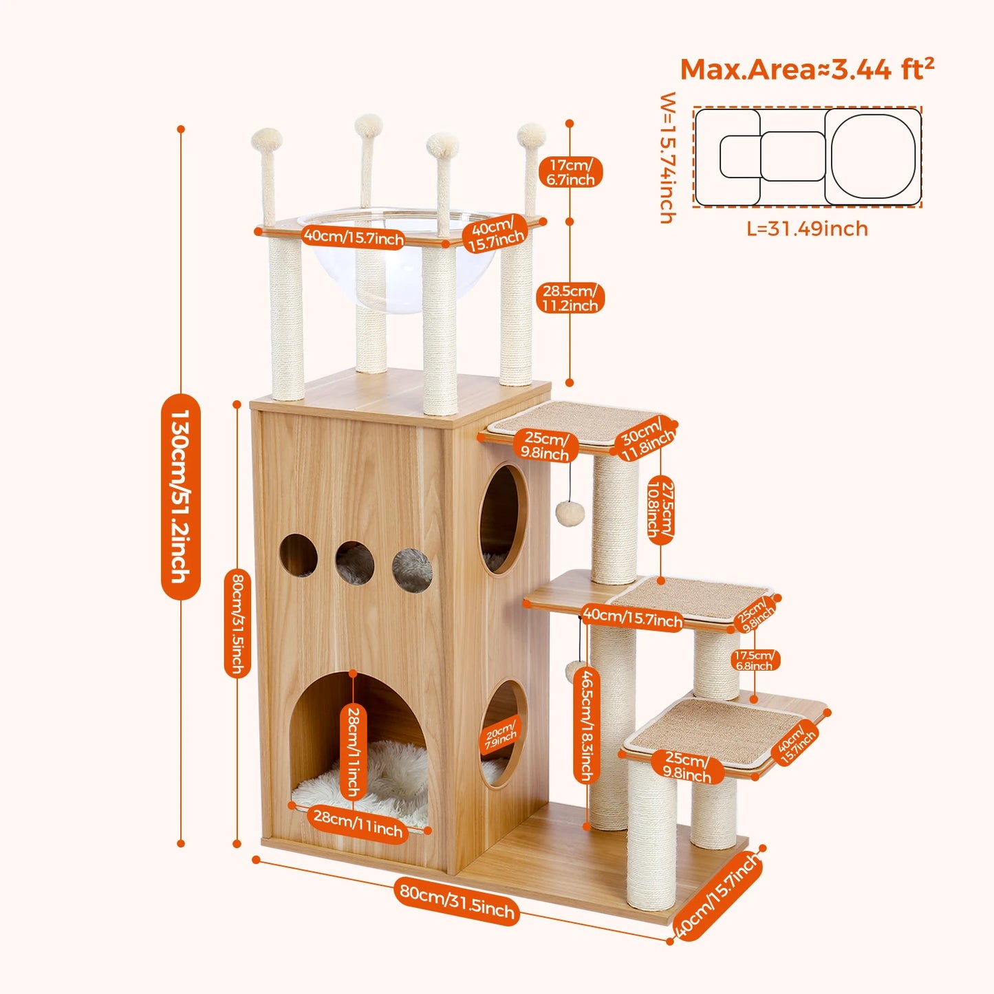 PAWZ Road Multi-Level Wood Cat Tower with Spacious Condo Hammock and Top Perch