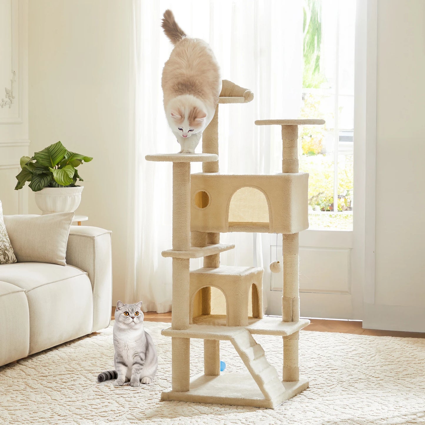 JHK 54 Inch Tall Multi Level Cat Tree Tower and Stable Kitty Play House with Sisal