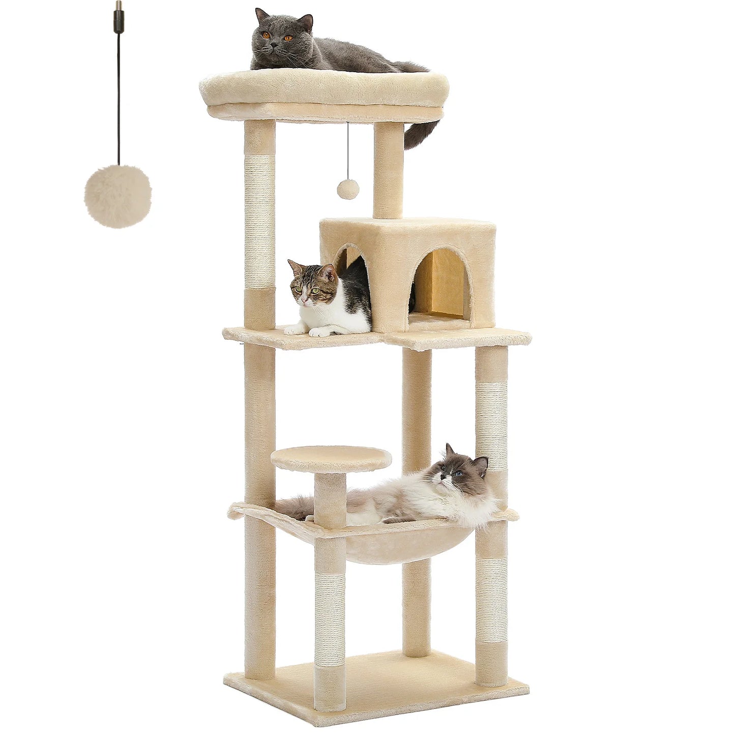 PAWZ Road 5 Level Cat Tree Tower 143CM with Large Hammock and Cozy Condo for Large Cats