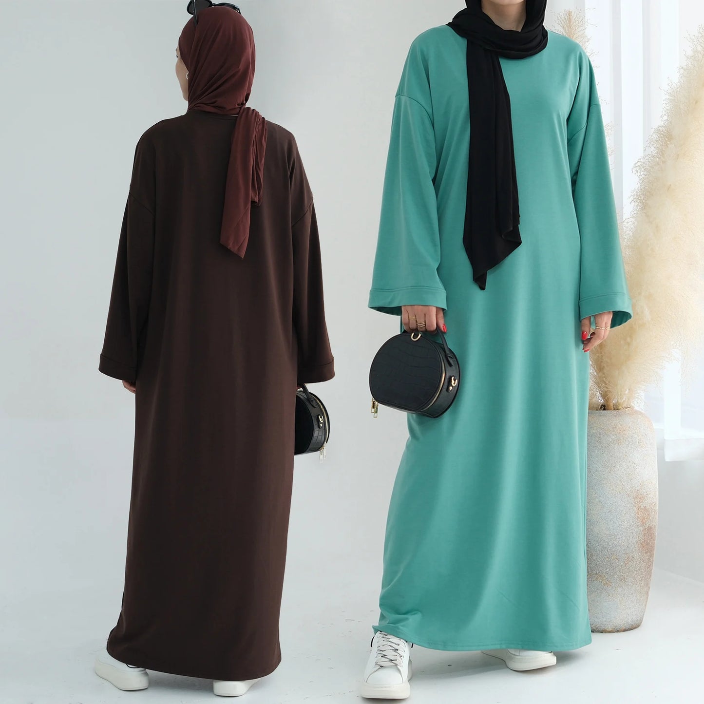 Casual Loose-Fit Muslim Sporty Abaya Women Long Sweatshirt Dress-Drop Shoulders, Side Pockets. Ramadan Modest Islamic Clothing