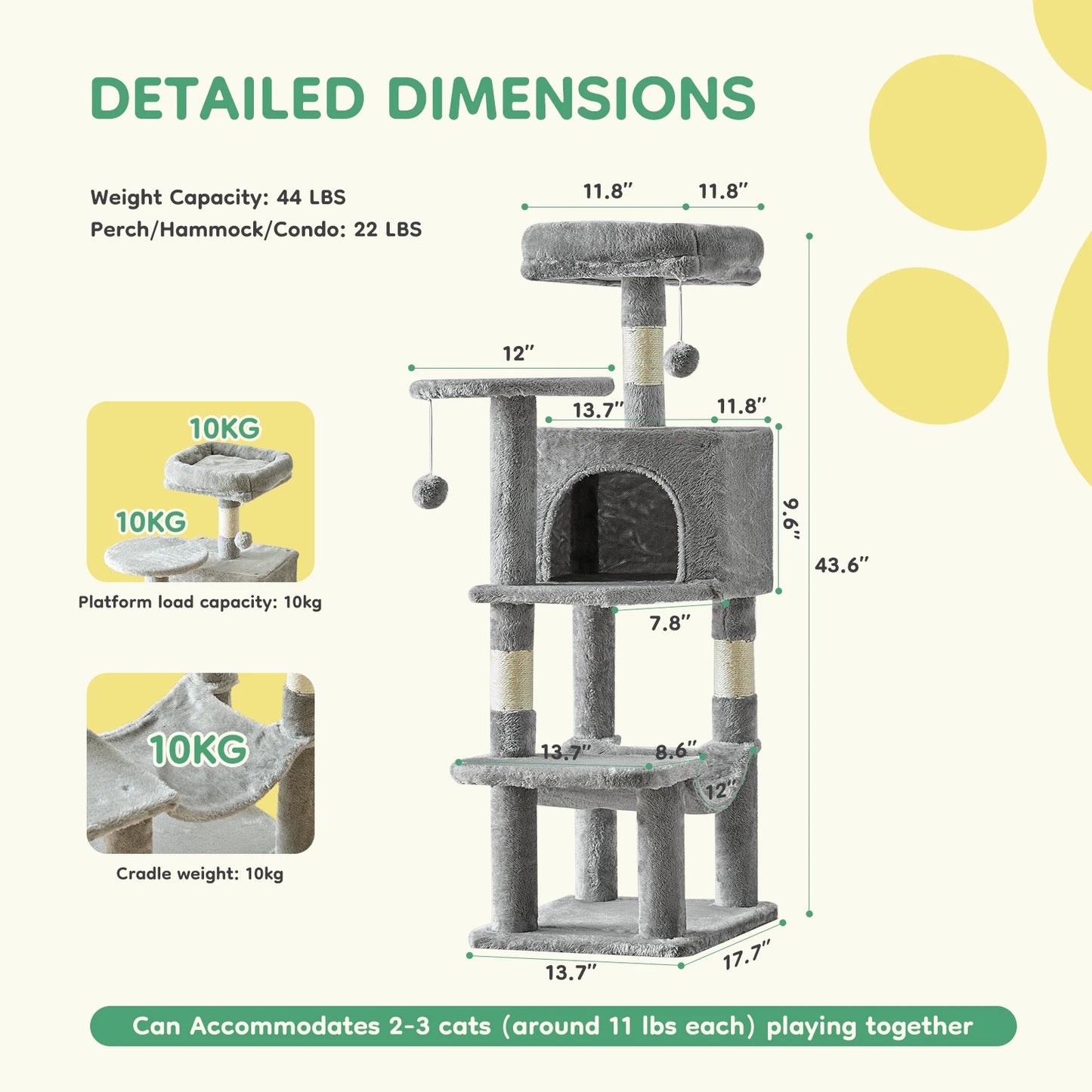 JHK 44 Inch Tall Multi-Cat Climbing Tower with Natural Sisal Scratching Posts and Stable Pet House
