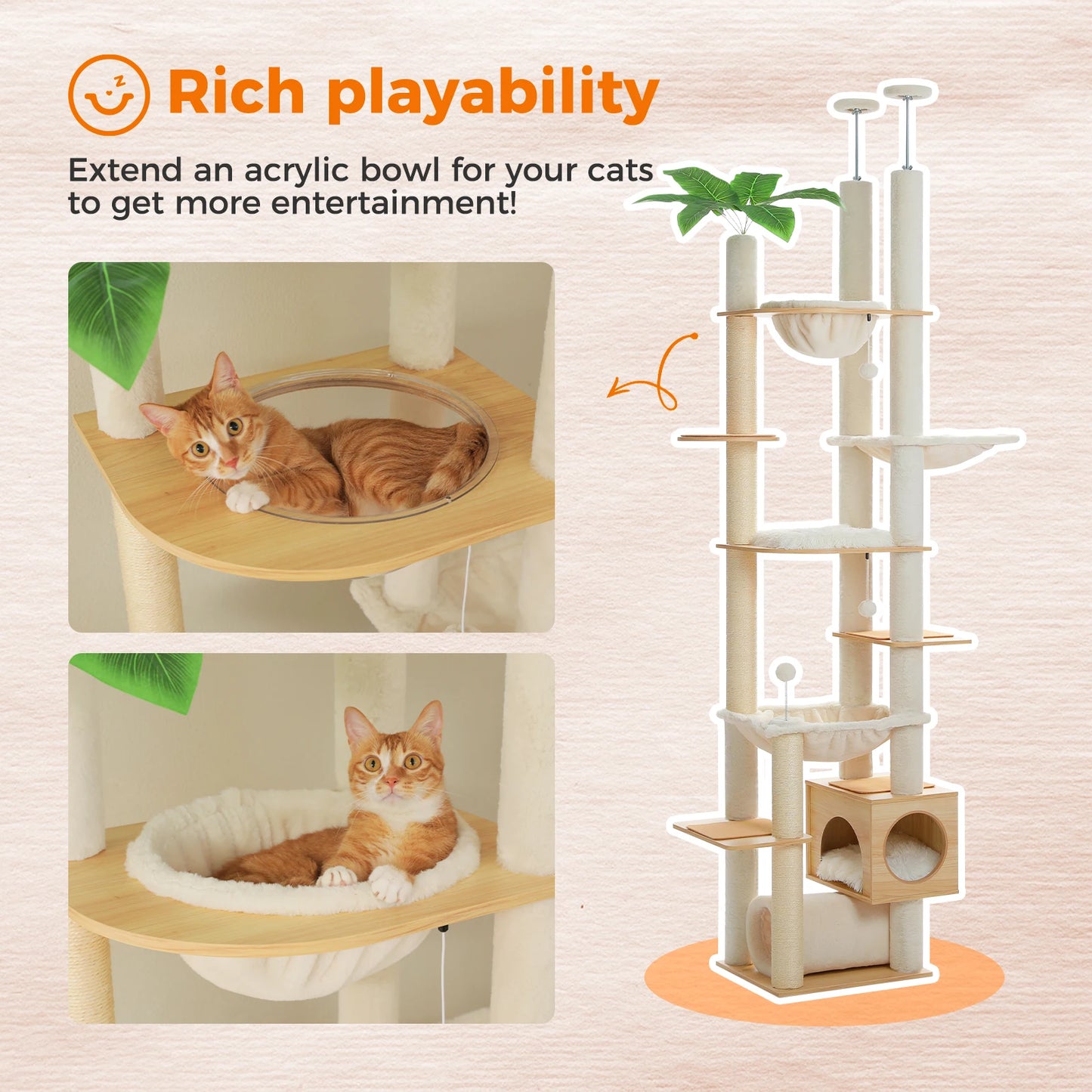 PAWZ Road Floor to Ceiling Adjustable Wooden Cat Tree with Large Hammock and Cozy Condo