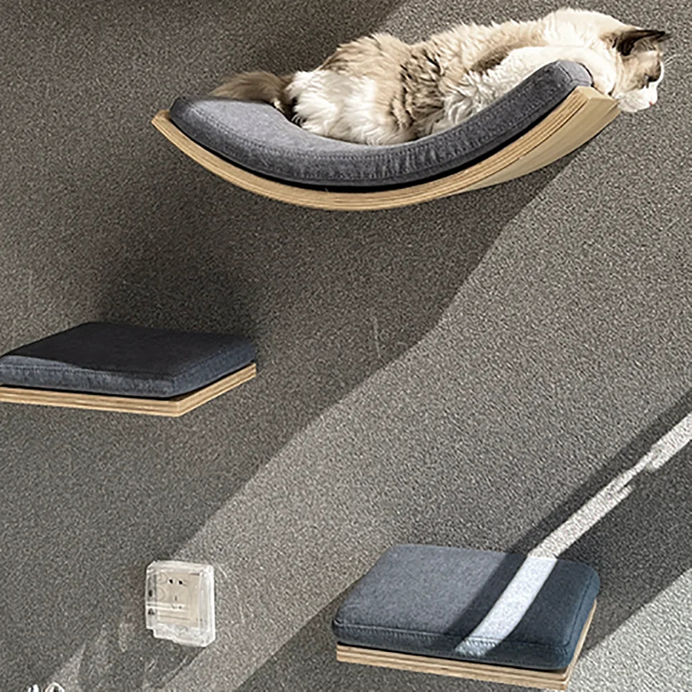 Wall Mounted Wooden Cat Tree Shelves with Scratching Posts Hammock and Floating Climbing Perches