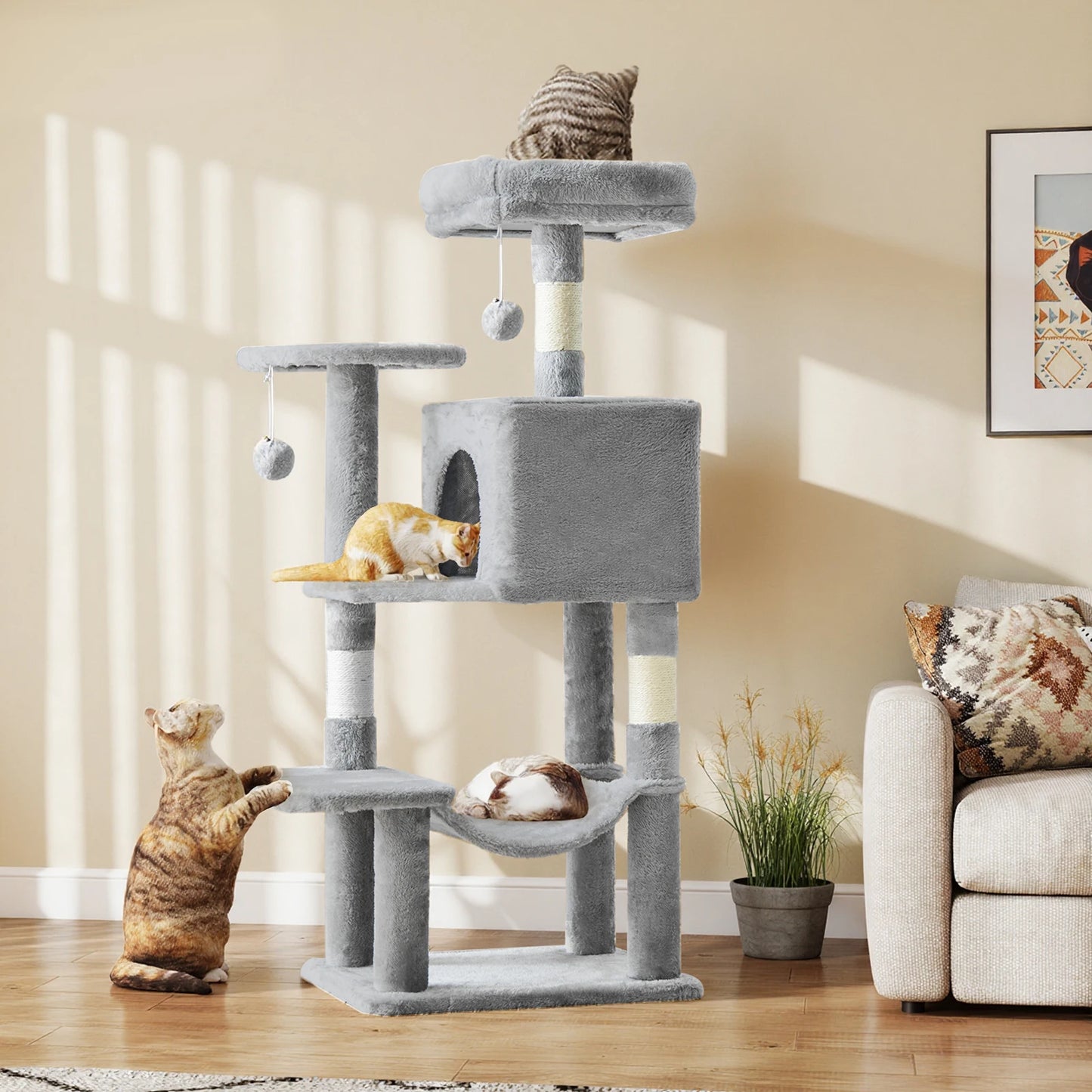 JHK 44 Inch Tall Multi-Cat Climbing Tower with Natural Sisal Scratching Posts and Stable Pet House
