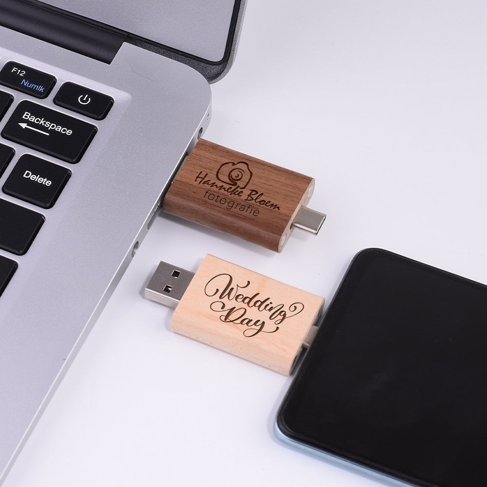 Customized Maple Box Carved Wooden 2-in-1 Mobile Phone Type C USB Drive