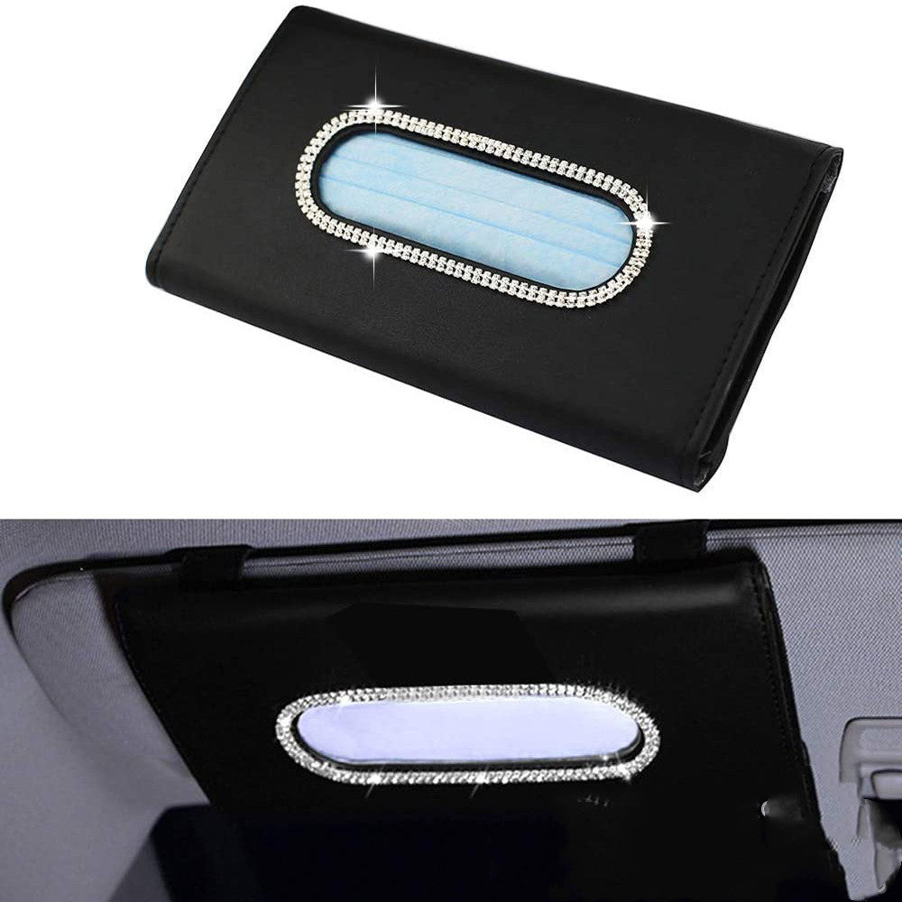 Crystal PU Leather Universal Hanging Style Sun Visor Car Tissue Box